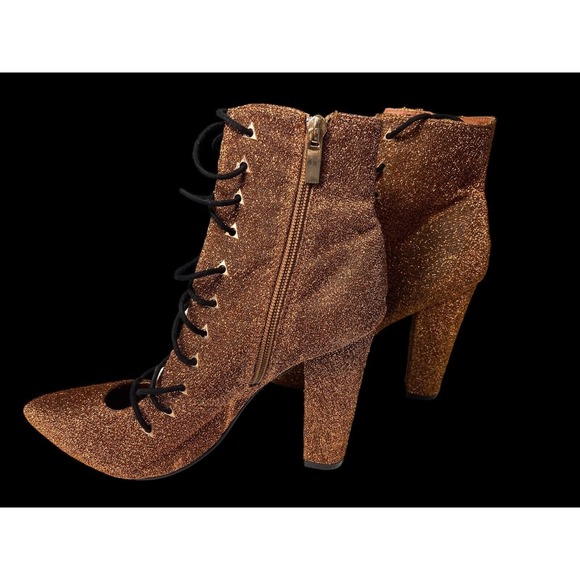 Bamboo Brown Bronze‎ Glitter Pointed Chunky Heel Lace Zip Up Women Shoes Size 10 - Picture 1 of 14